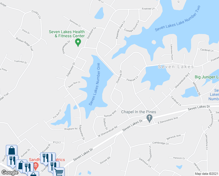 map of restaurants, bars, coffee shops, grocery stores, and more near 158 Overlook Drive in Seven Lakes