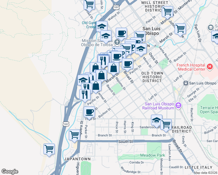 map of restaurants, bars, coffee shops, grocery stores, and more near 1407 Beach Street in San Luis Obispo