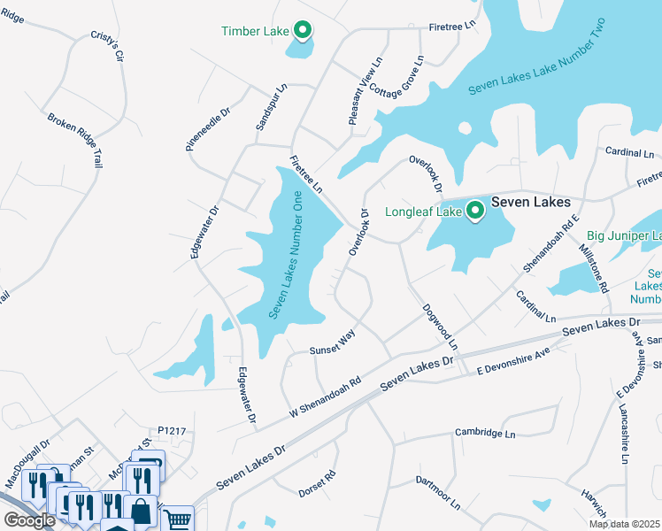 map of restaurants, bars, coffee shops, grocery stores, and more near 158 Overlook Drive in Seven Lakes