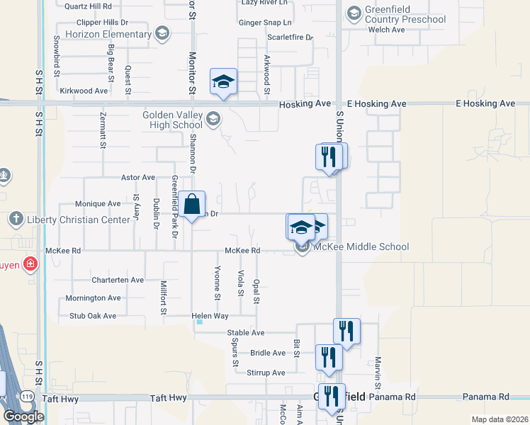 map of restaurants, bars, coffee shops, grocery stores, and more near 305 Hudson Drive in Bakersfield