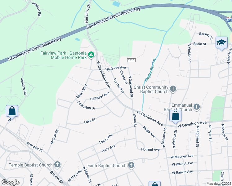 map of restaurants, bars, coffee shops, grocery stores, and more near 1604 West Davidson Avenue in Gastonia