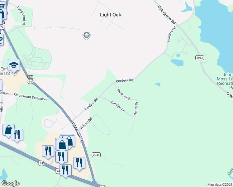 map of restaurants, bars, coffee shops, grocery stores, and more near 1910 Rucker Road in Shelby