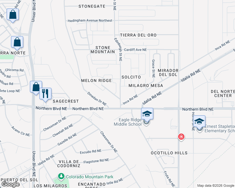 map of restaurants, bars, coffee shops, grocery stores, and more near 1009 Melon Ridge Loop Northeast in Rio Rancho