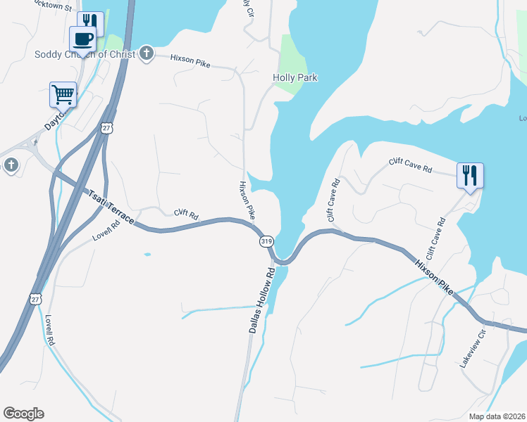 map of restaurants, bars, coffee shops, grocery stores, and more near 11312 Hixson Pike in Soddy-Daisy