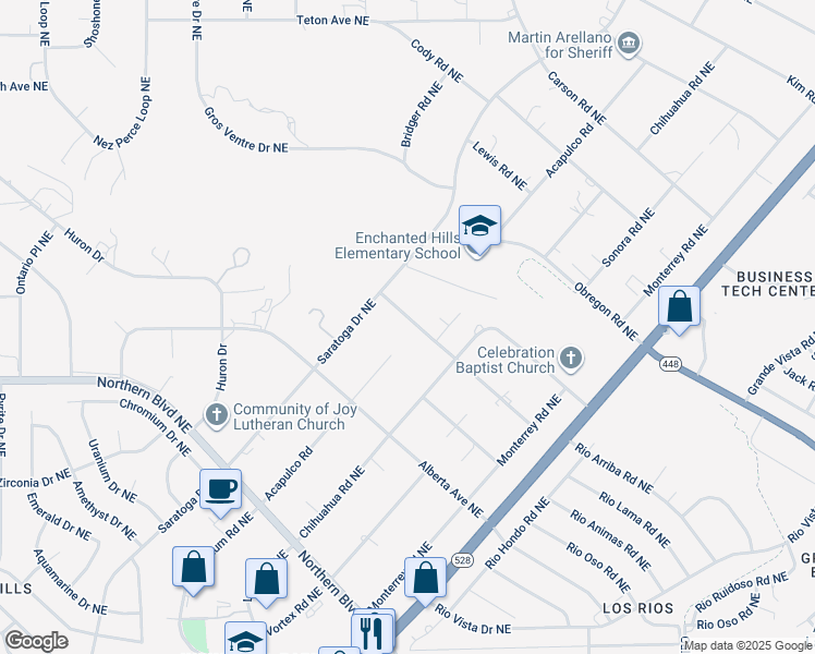 map of restaurants, bars, coffee shops, grocery stores, and more near 5340 Vera Cruz Road Northeast in Rio Rancho