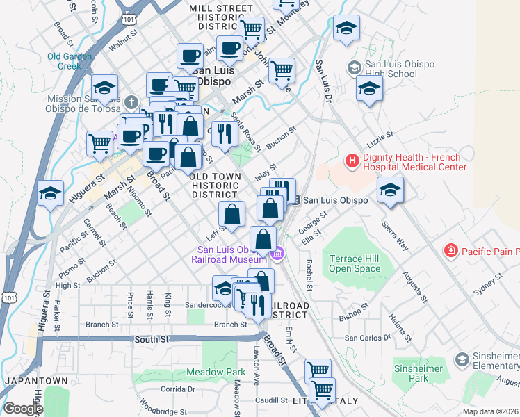 map of restaurants, bars, coffee shops, grocery stores, and more near 972 Church Street in San Luis Obispo