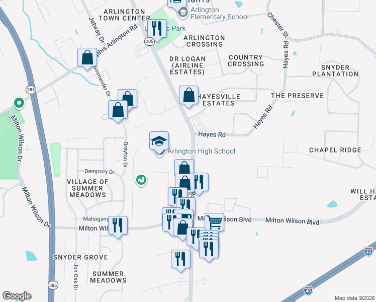 map of restaurants, bars, coffee shops, grocery stores, and more near 5510 Airline Road in Arlington