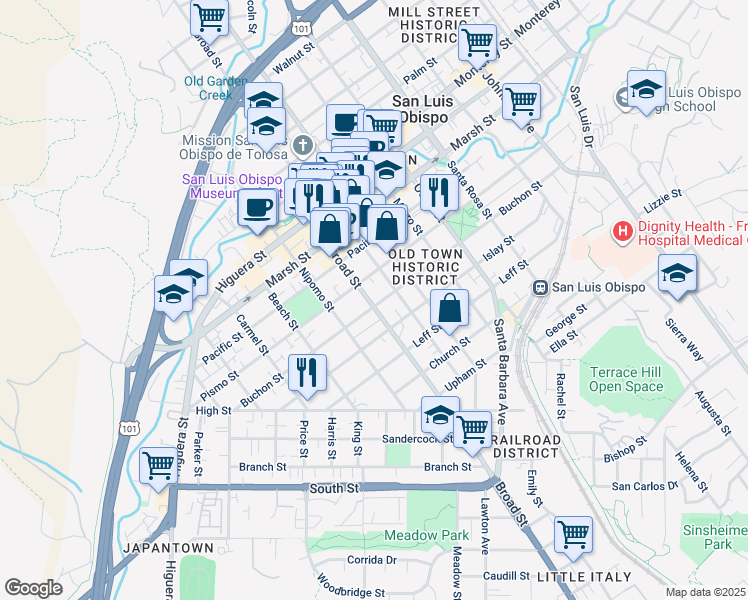 map of restaurants, bars, coffee shops, grocery stores, and more near 714 Buchon Street in San Luis Obispo