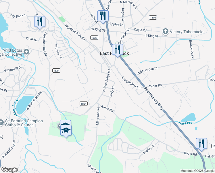 map of restaurants, bars, coffee shops, grocery stores, and more near 605 County Road 1812 in East Flat Rock