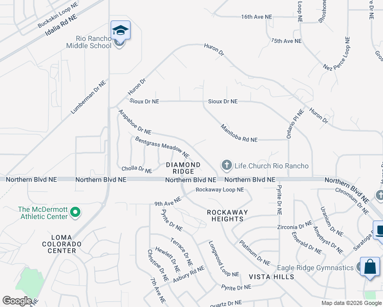 map of restaurants, bars, coffee shops, grocery stores, and more near 4328 Bentgrass Meadow Drive Northeast in Rio Rancho