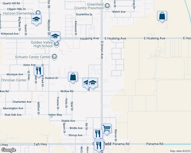 map of restaurants, bars, coffee shops, grocery stores, and more near 8825 South Union Avenue in Bakersfield