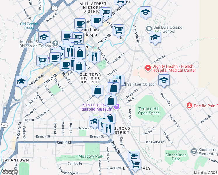map of restaurants, bars, coffee shops, grocery stores, and more near 972 Church Street in San Luis Obispo