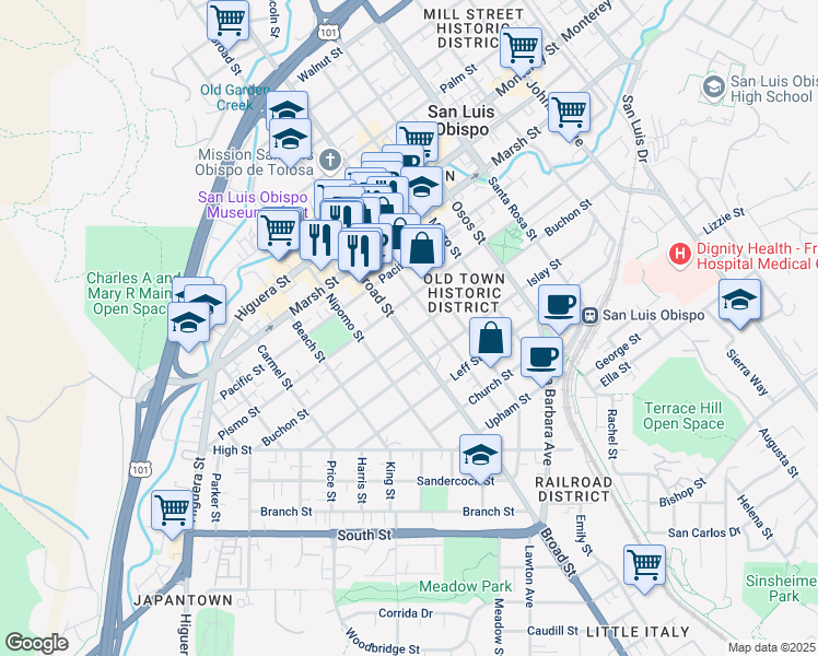 map of restaurants, bars, coffee shops, grocery stores, and more near 1513 Broad Street in San Luis Obispo