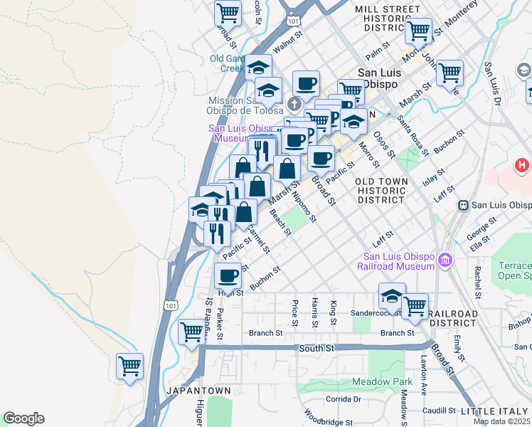 map of restaurants, bars, coffee shops, grocery stores, and more near 479 Pacific Street in San Luis Obispo