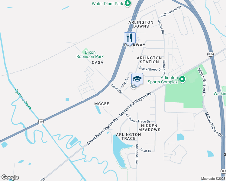 map of restaurants, bars, coffee shops, grocery stores, and more near 5495 Lamb Road in Arlington