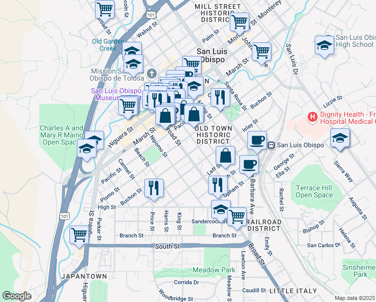 map of restaurants, bars, coffee shops, grocery stores, and more near 714 Buchon Street in San Luis Obispo