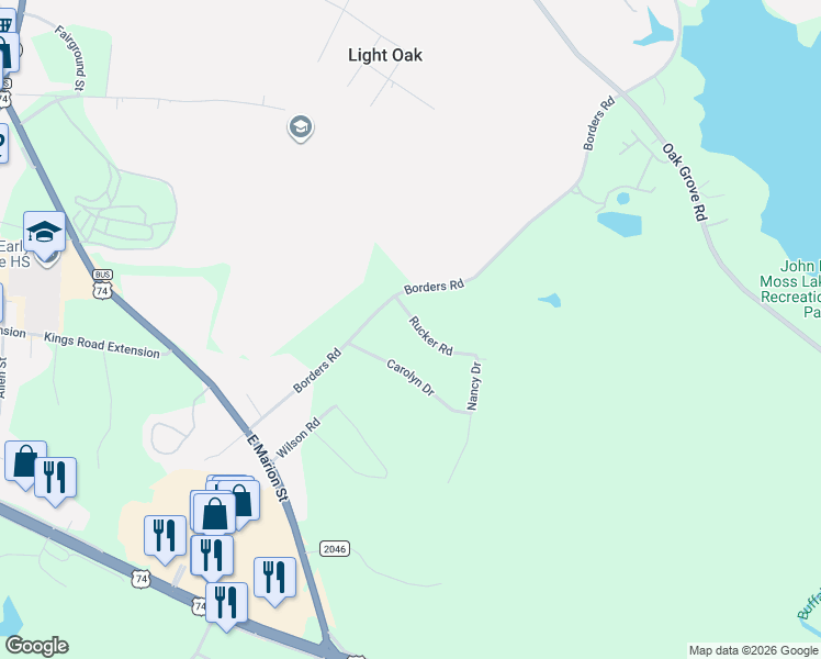 map of restaurants, bars, coffee shops, grocery stores, and more near 1910 Rucker Road in Shelby
