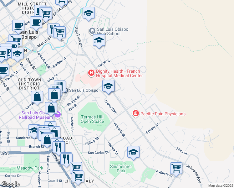 map of restaurants, bars, coffee shops, grocery stores, and more near 2082 Fixlini Street in San Luis Obispo