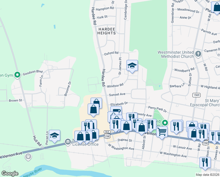 map of restaurants, bars, coffee shops, grocery stores, and more near 1805 Sunset Ave in Kinston