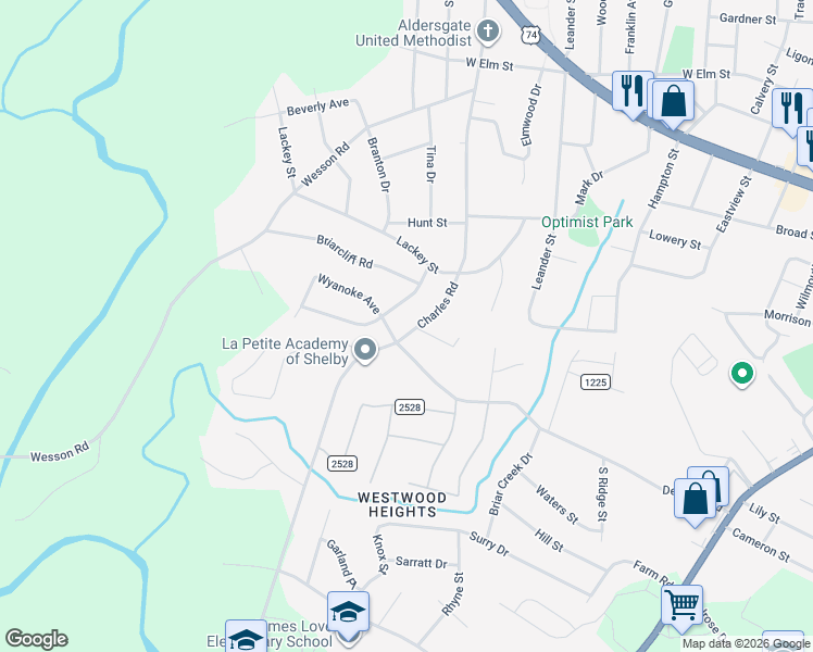 map of restaurants, bars, coffee shops, grocery stores, and more near 825 Charles Road in Shelby