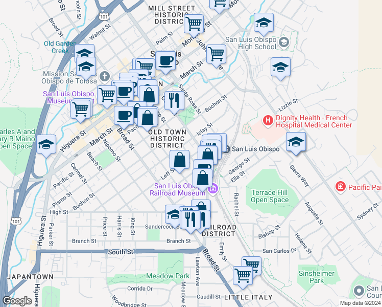 map of restaurants, bars, coffee shops, grocery stores, and more near 972 Church Street in San Luis Obispo