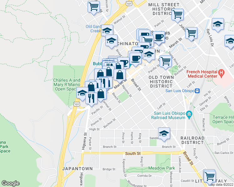 map of restaurants, bars, coffee shops, grocery stores, and more near 479 Pacific Street in San Luis Obispo