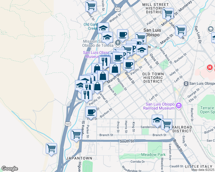 map of restaurants, bars, coffee shops, grocery stores, and more near 479 Pacific Street in San Luis Obispo