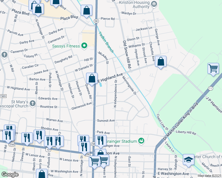 map of restaurants, bars, coffee shops, grocery stores, and more near 1311 McAdoo Street in Kinston