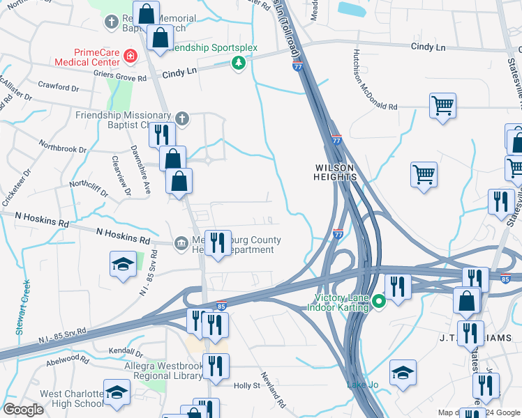 map of restaurants, bars, coffee shops, grocery stores, and more near in Charlotte