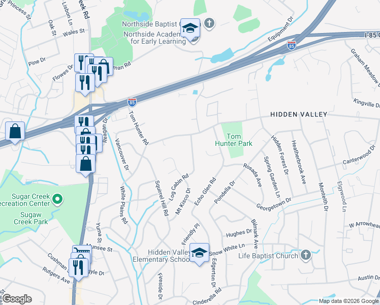 map of restaurants, bars, coffee shops, grocery stores, and more near 1239 Log Cabin Road in Charlotte