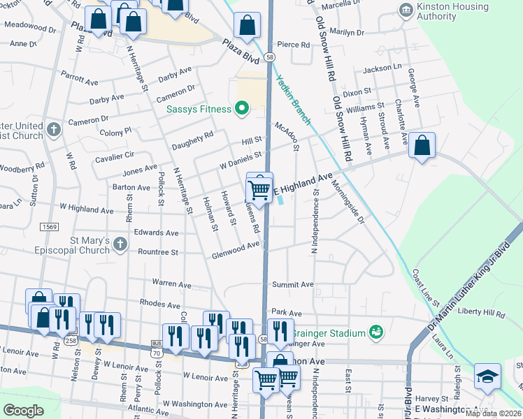 map of restaurants, bars, coffee shops, grocery stores, and more near 1310 North Queen Street in Kinston