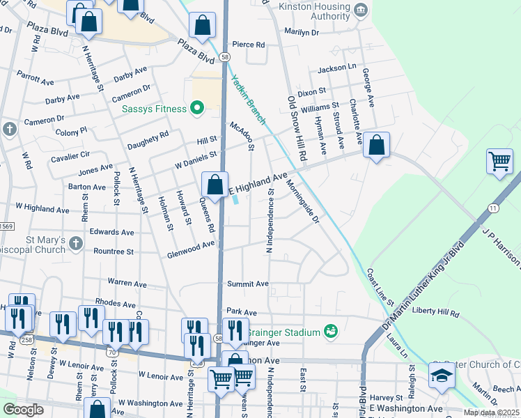 map of restaurants, bars, coffee shops, grocery stores, and more near 1313 McAdoo Street in Kinston