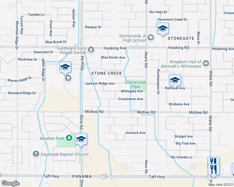 map of restaurants, bars, coffee shops, grocery stores, and more near 4418 Jackson Ridge Avenue in Bakersfield