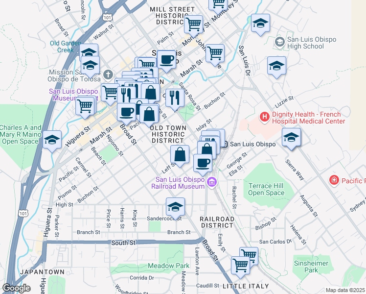 map of restaurants, bars, coffee shops, grocery stores, and more near 1527 Morro Street in San Luis Obispo