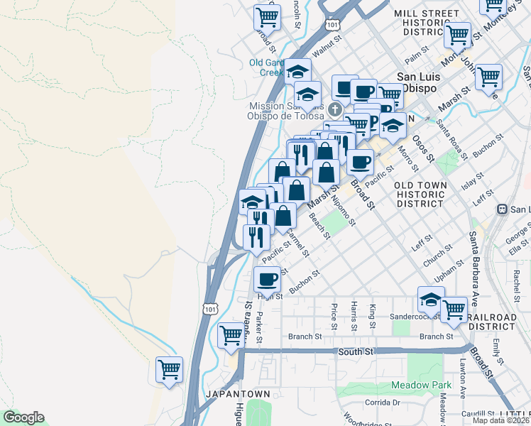 map of restaurants, bars, coffee shops, grocery stores, and more near 421 Dana Street in San Luis Obispo