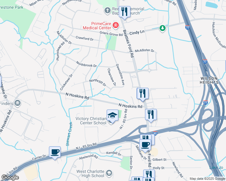 map of restaurants, bars, coffee shops, grocery stores, and more near 3107 Dawnshire Avenue in Charlotte