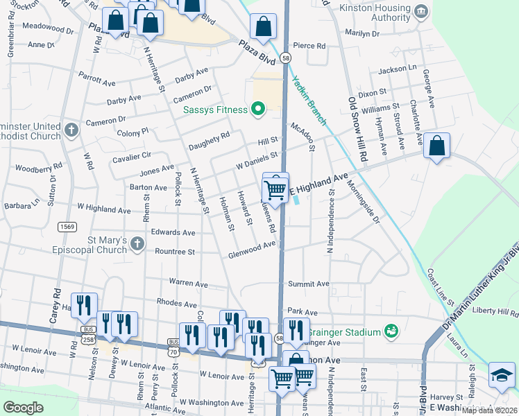 map of restaurants, bars, coffee shops, grocery stores, and more near 103 West Highland Avenue in Kinston