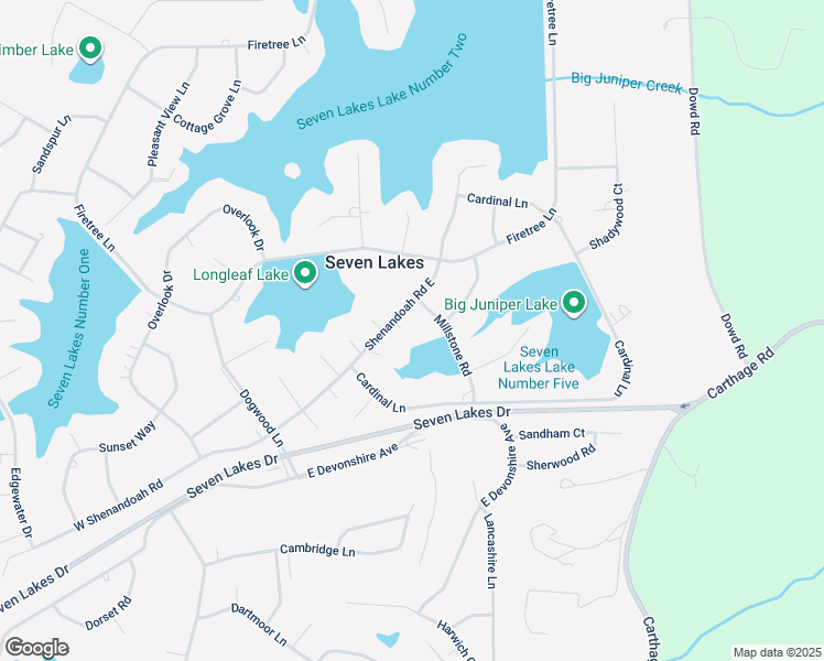map of restaurants, bars, coffee shops, grocery stores, and more near Shenandoah Road in Seven Lakes