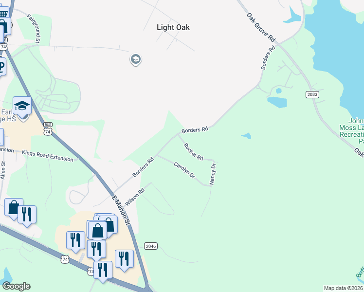 map of restaurants, bars, coffee shops, grocery stores, and more near 402 Borders Road in Shelby