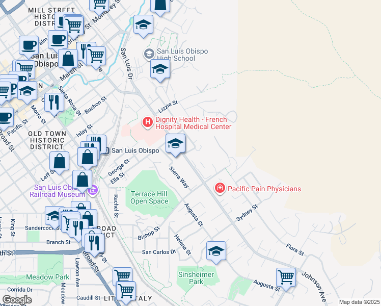 map of restaurants, bars, coffee shops, grocery stores, and more near 2082 Fixlini Street in San Luis Obispo