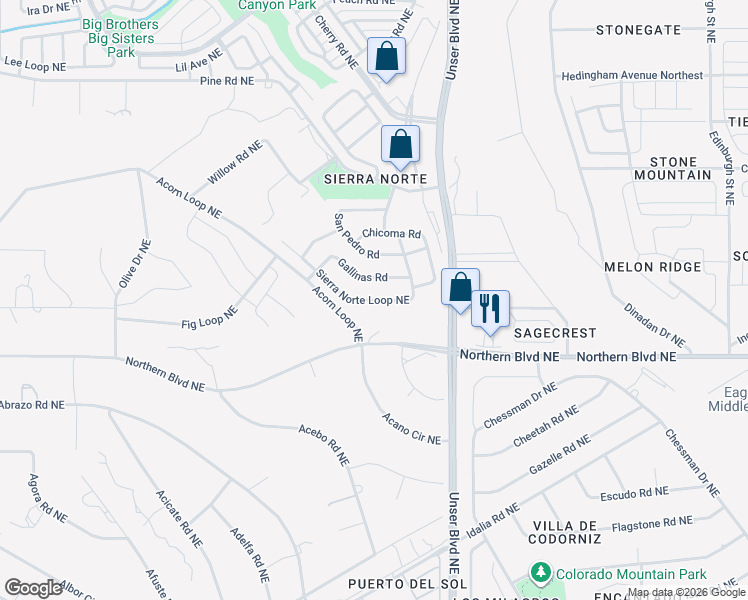 map of restaurants, bars, coffee shops, grocery stores, and more near 1812 Sierra Norte Loop in Rio Rancho