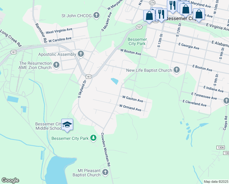 map of restaurants, bars, coffee shops, grocery stores, and more near 918 Crowders Mountain Road in Bessemer City