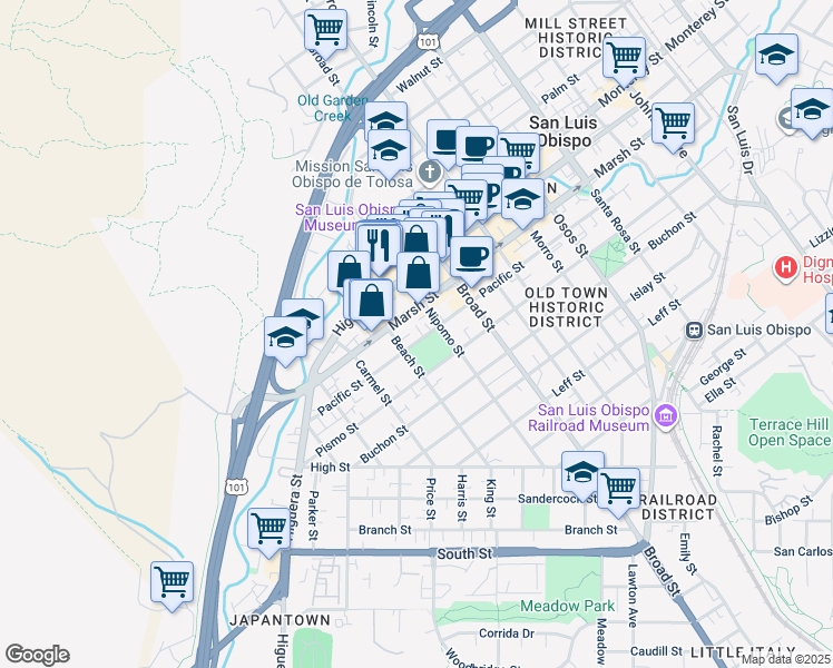 map of restaurants, bars, coffee shops, grocery stores, and more near 536 Marsh Street in San Luis Obispo