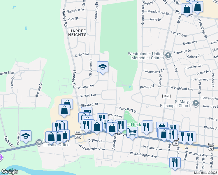 map of restaurants, bars, coffee shops, grocery stores, and more near 1303 Ridge Road in Kinston