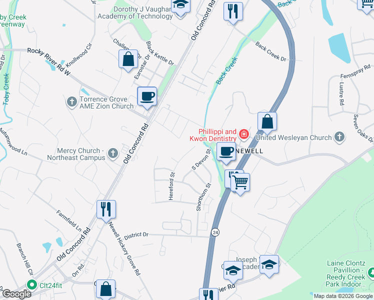 map of restaurants, bars, coffee shops, grocery stores, and more near 8043 Hereford Street in Charlotte