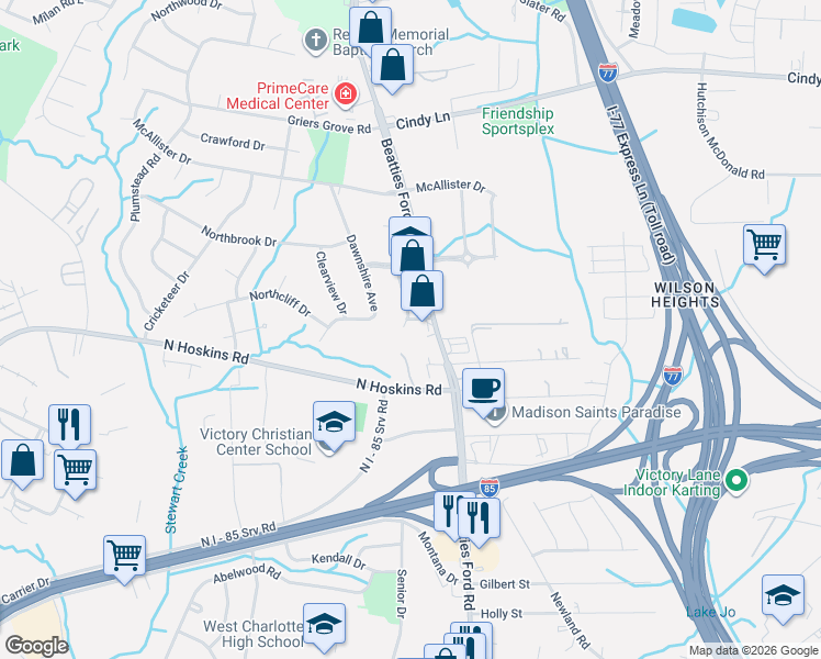 map of restaurants, bars, coffee shops, grocery stores, and more near 3117 Beatties Ford Road in Charlotte