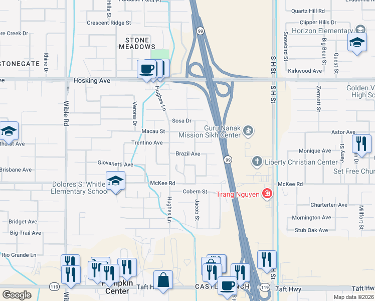 map of restaurants, bars, coffee shops, grocery stores, and more near 2308 Brazil Avenue in Bakersfield