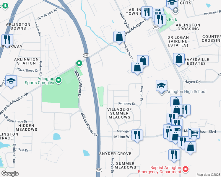 map of restaurants, bars, coffee shops, grocery stores, and more near 11556 Milton Meadows Drive in Arlington