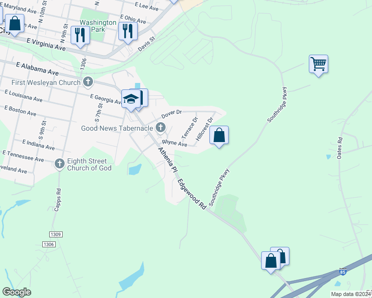 map of restaurants, bars, coffee shops, grocery stores, and more near 105 Rhyne Street in Bessemer City