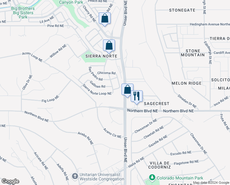 map of restaurants, bars, coffee shops, grocery stores, and more near 1900 Sierra Norte Loop in Rio Rancho